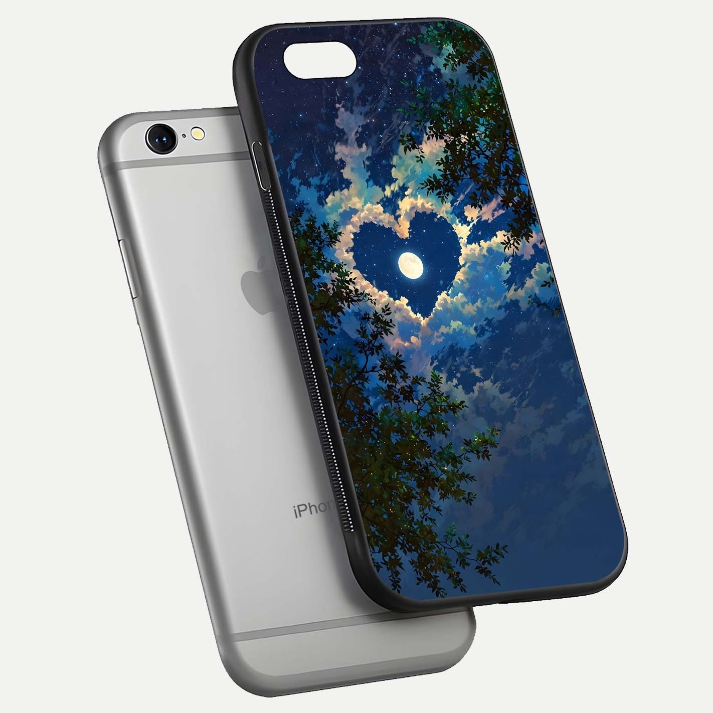Heart with Moon Sky Glass Case for iPhone 16 Pro floating dual-view mockup showing gloss texture and romantic sky glow