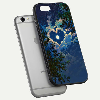 Heart with Moon Sky Glass Case for iPhone 16 Pro floating dual-view mockup showing gloss texture and romantic sky glow