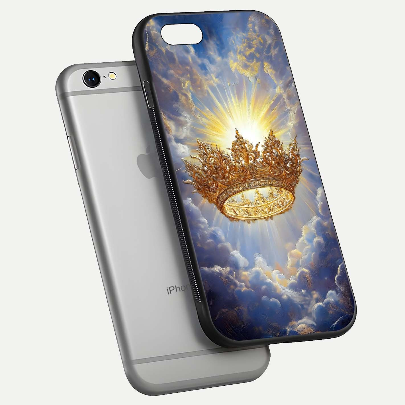 Heavenly Crown Light Glass Case for iPhone 16 Pro floating dual-view mockup showing gloss shine and luminous crown texture