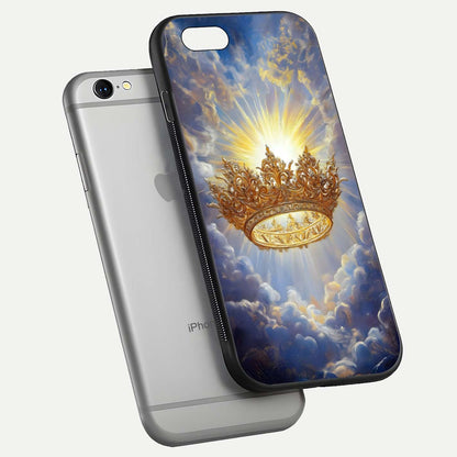 Heavenly Crown Light Glass Case for iPhone 16 Pro floating dual-view mockup showing gloss shine and luminous crown texture