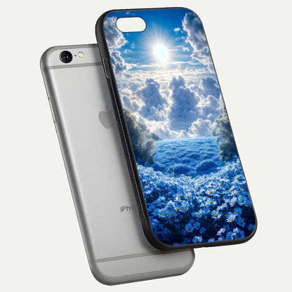 Heavenly Daisy Horizon Glass Case for iPhone 16 Pro floating dual-view mockup showing gloss polish and soft pastel background