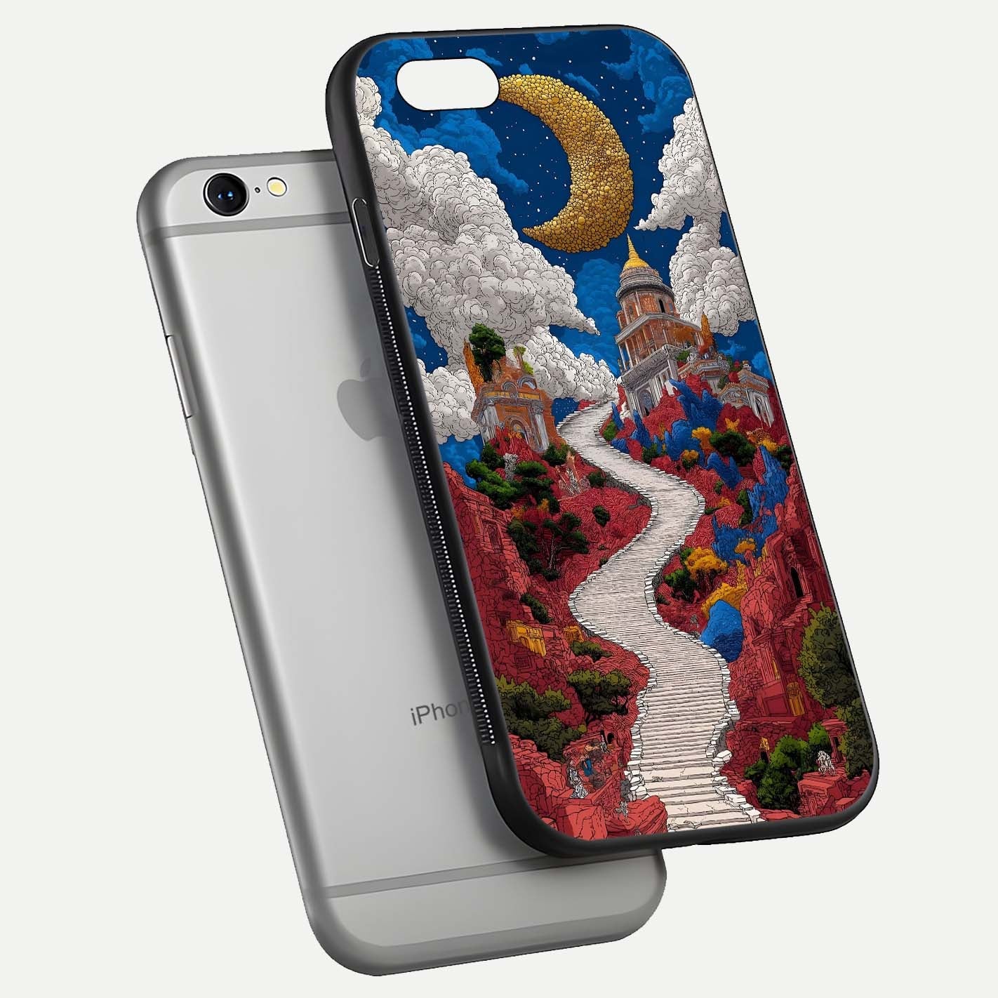 Heavenly Moon Path Glass Case for iPhone 16 Pro floating dual-view mockup showing gloss surface and celestial pathway