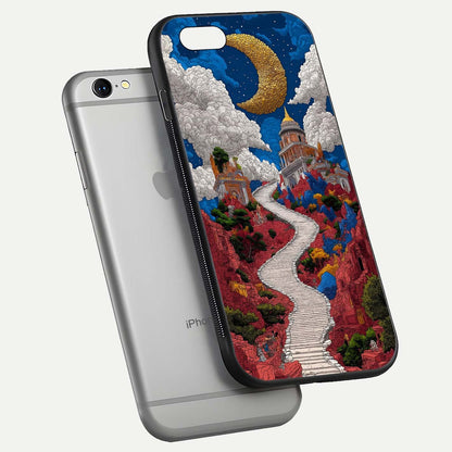 Heavenly Moon Path Glass Case for iPhone 16 Pro floating dual-view mockup showing gloss surface and celestial pathway