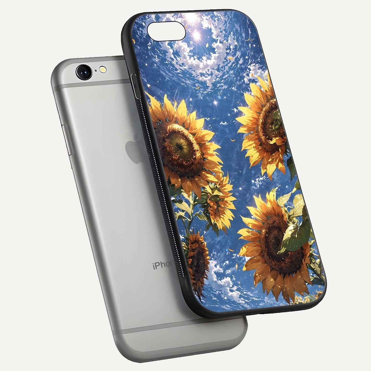 Heavenly Sunflower Rise Glass Case for iPhone 16 Pro floating dual-view mockup showing gloss brightness and morning-light feel