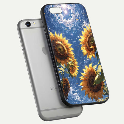 Heavenly Sunflower Rise Glass Case for iPhone 16 Pro floating dual-view mockup showing gloss brightness and morning-light feel