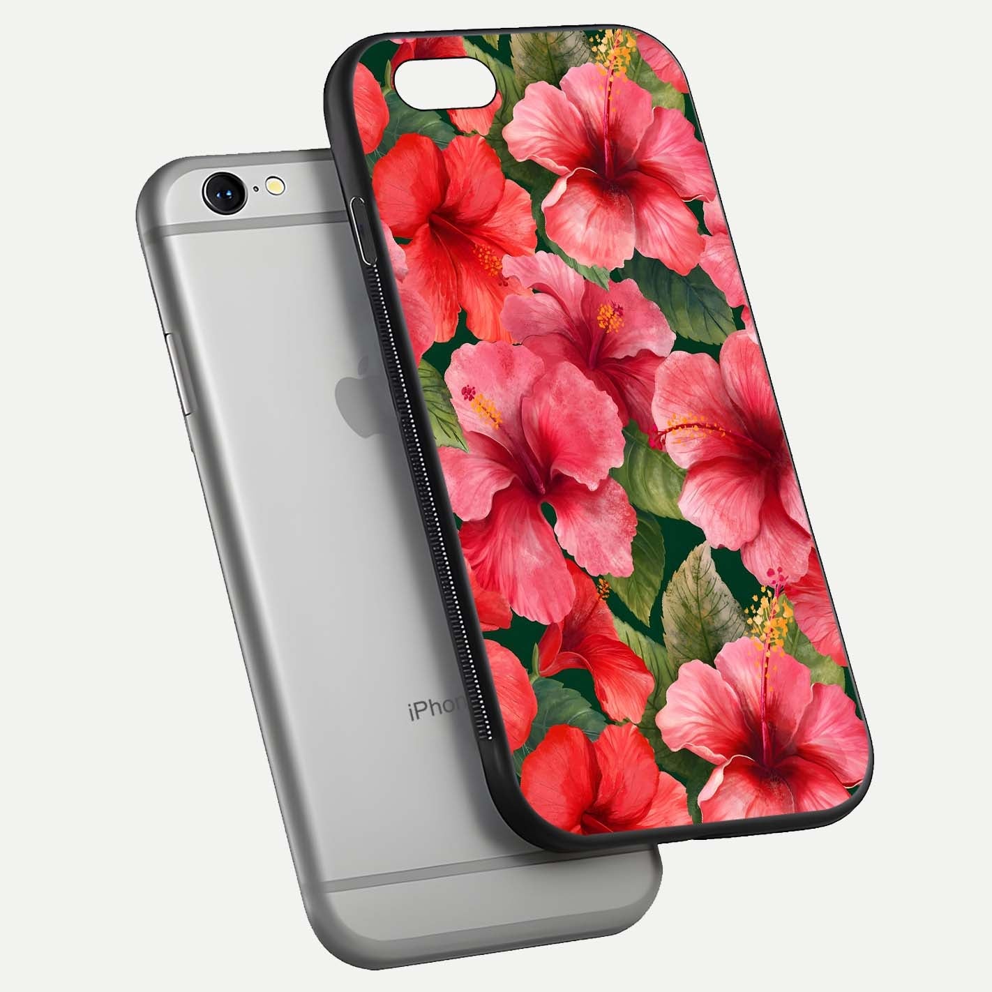 Hibiscus Pattern Glass Case for iPhone 16 Pro floating dual-view mockup showing glossy texture and vivid color depth
