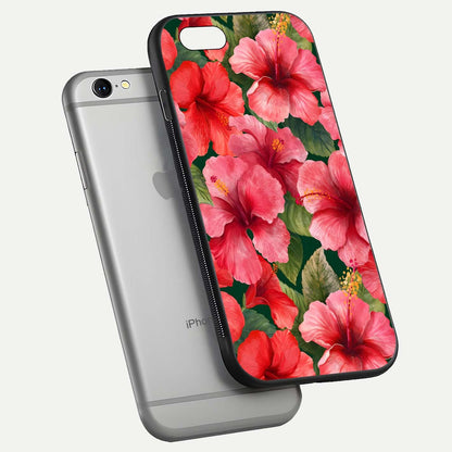 Hibiscus Pattern Glass Case for iPhone 16 Pro floating dual-view mockup showing glossy texture and vivid color depth