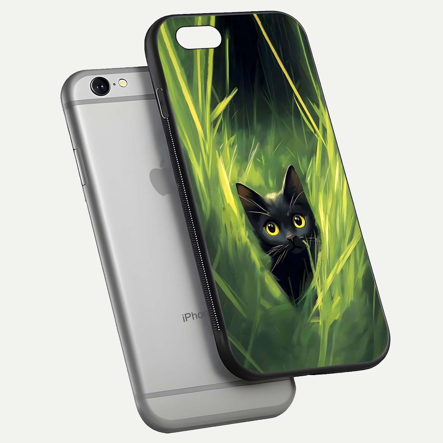 Hidden Cat Whisper Glass Case for iPhone 16 Pro floating dual-view mockup showing glossy tone and elegant cat silhouette