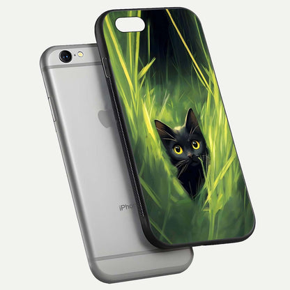 Hidden Cat Whisper Glass Case for iPhone 16 Pro floating dual-view mockup showing glossy tone and elegant cat silhouette