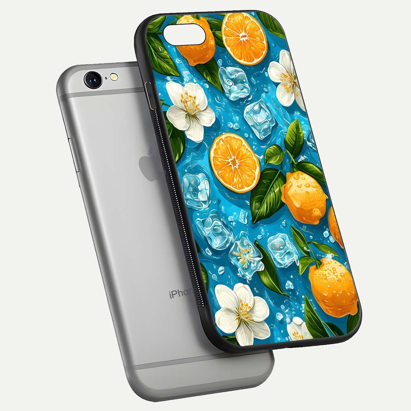 Ice Cube With Orange Glass Case for iPhone 16 Pro floating dual-view mockup showing glossy shine and cool refreshing tone