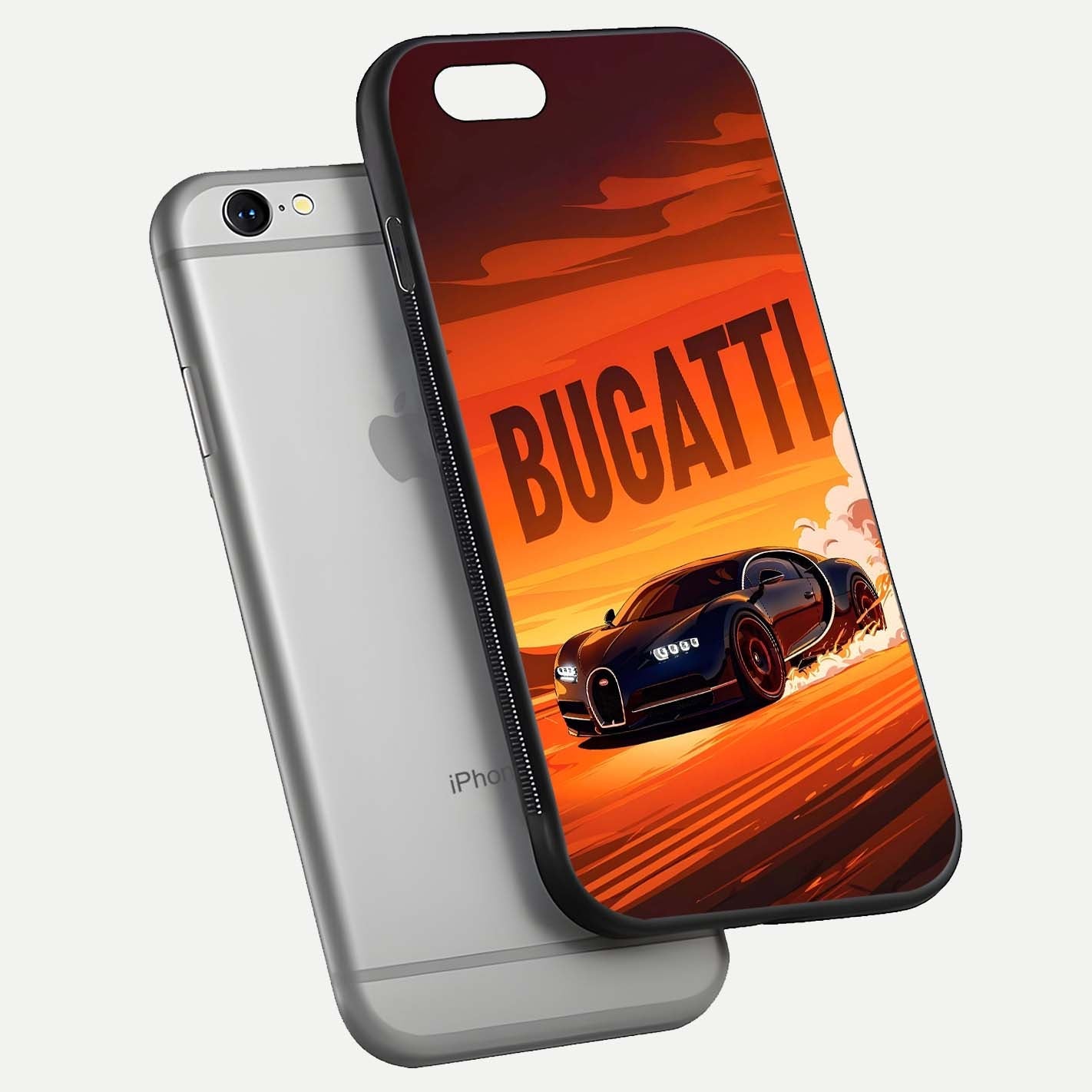 Inferno Bugatti Storm Glass Case for iPhone 16 Pro floating dual-view mockup showing gloss surface and racing energy