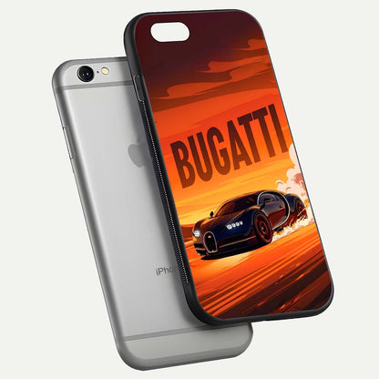 Inferno Bugatti Storm Glass Case for iPhone 16 Pro floating dual-view mockup showing gloss surface and racing energy