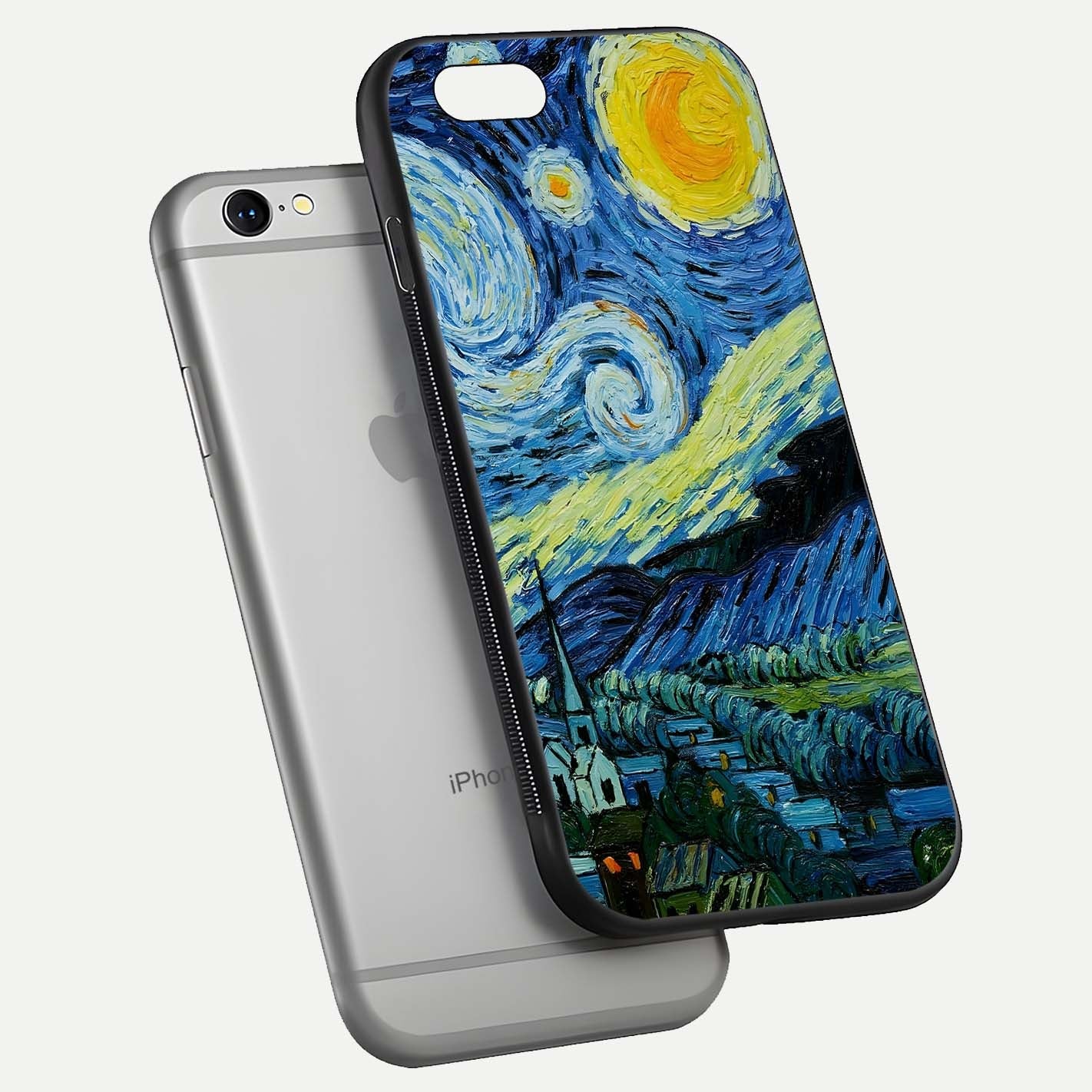 Inspired Van Gogh Art Glass Case for iPhone 16 Pro floating dual-view mockup showing gloss depth and artistic reflection