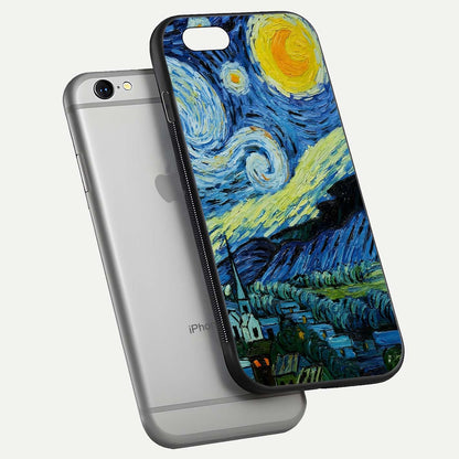 Inspired Van Gogh Art Glass Case for iPhone 16 Pro floating dual-view mockup showing gloss depth and artistic reflection