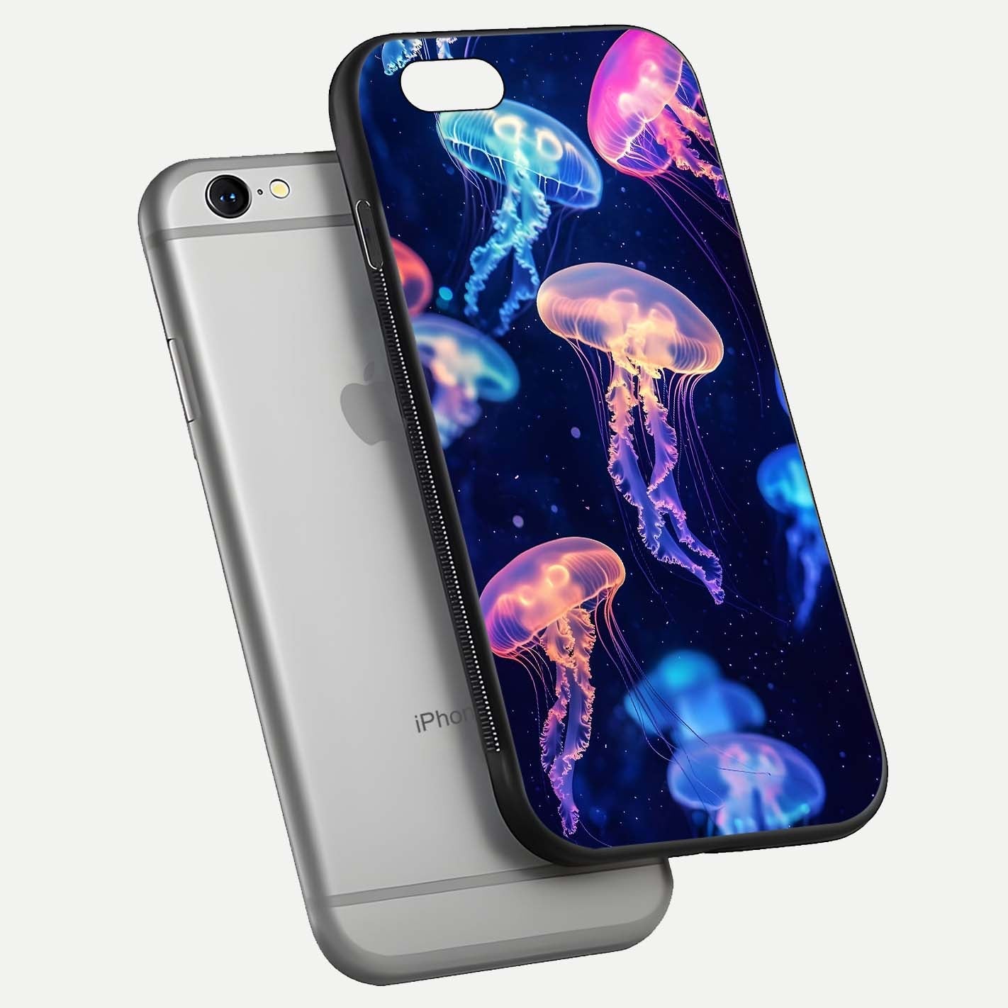Jellyfish Pattern Glass Case for iPhone 16 Pro floating dual-view mockup showing gloss texture and oceanic depth