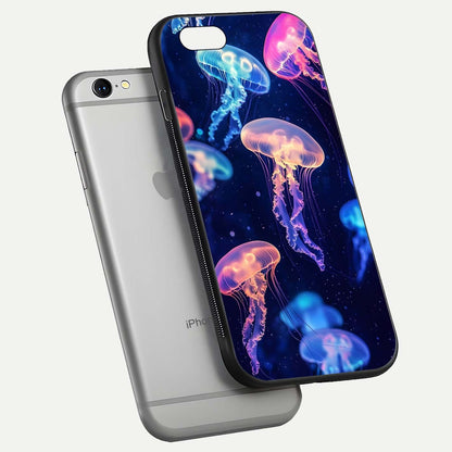Jellyfish Pattern Glass Case for iPhone 16 Pro floating dual-view mockup showing gloss texture and oceanic depth