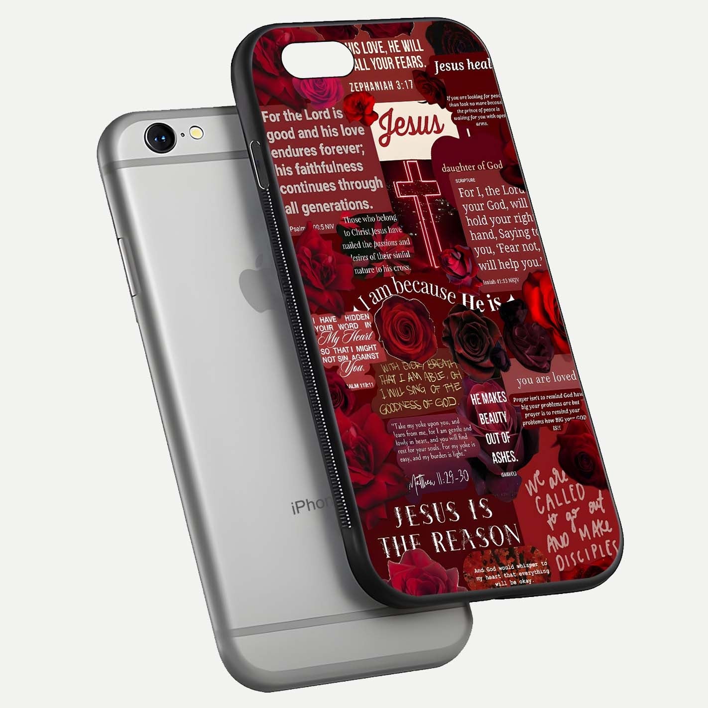 Jesus Love Heals Glass Case for iPhone 16 Pro floating dual-view mockup showing glossy shine and faith-inspired art