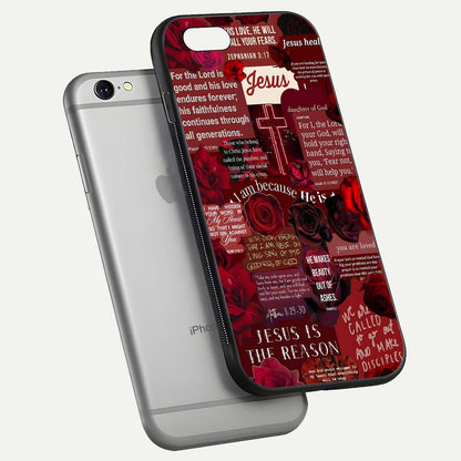 Jesus Love Heals Glass Case for iPhone 16 Pro floating dual-view mockup showing glossy shine and faith-inspired art