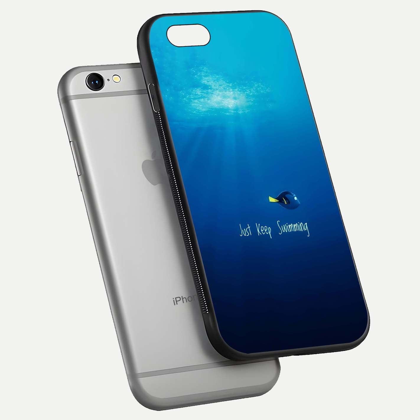 Just Keep Swimming Glass Case for iPhone 16 Pro floating dual-view mockup showing gloss brightness and wave motif