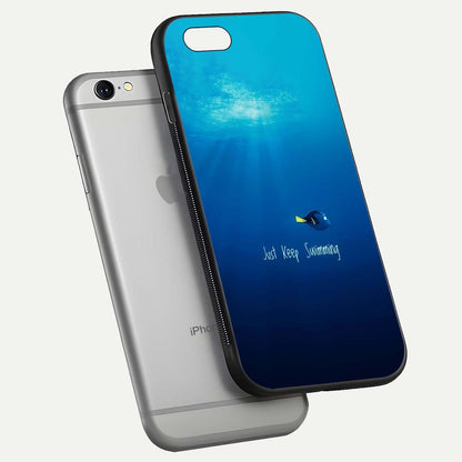 Just Keep Swimming Glass Case for iPhone 16 Pro floating dual-view mockup showing gloss brightness and wave motif