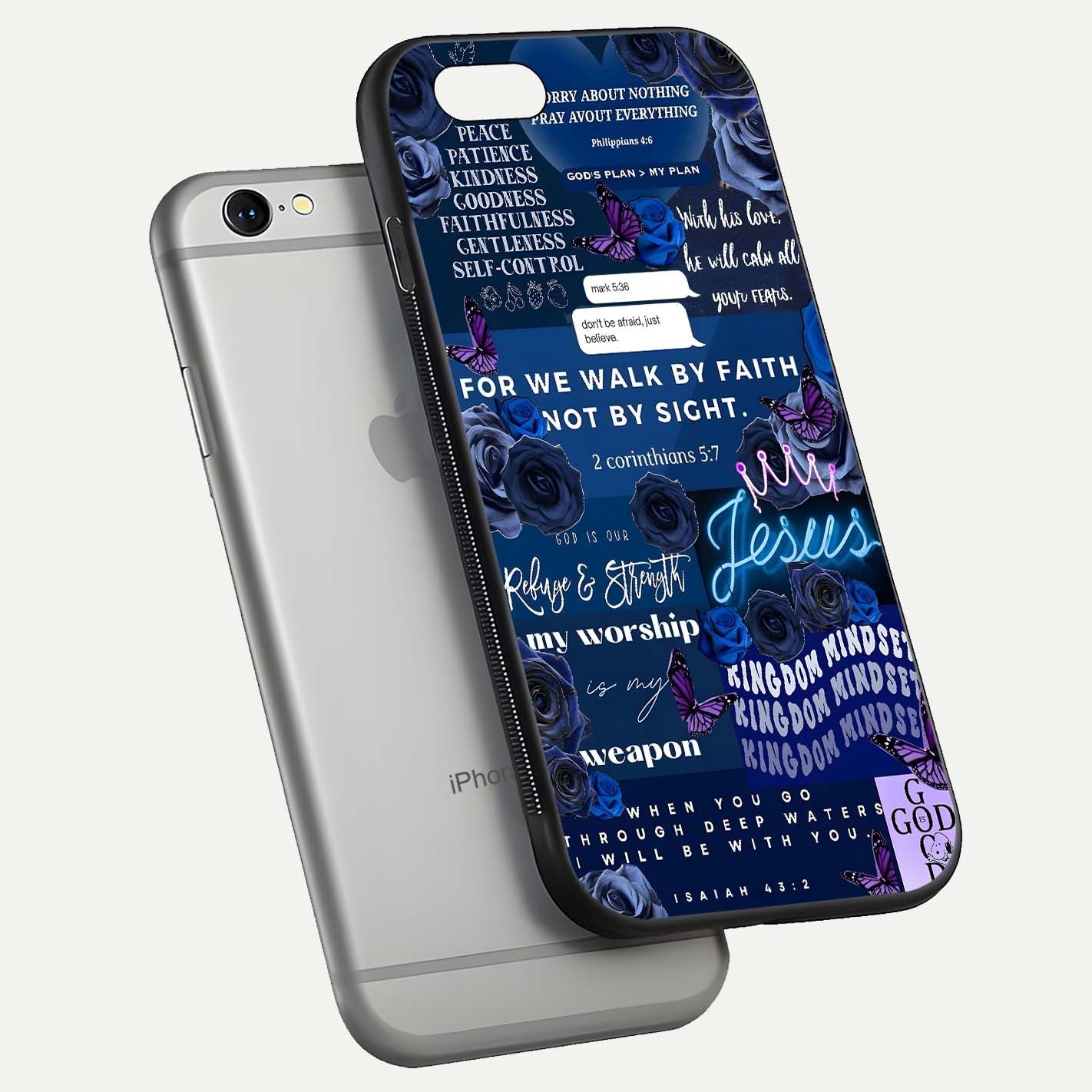 Kingdom Faith Glow Glass Case for iPhone 16 Pro floating dual-view mockup showing premium gloss and golden aura