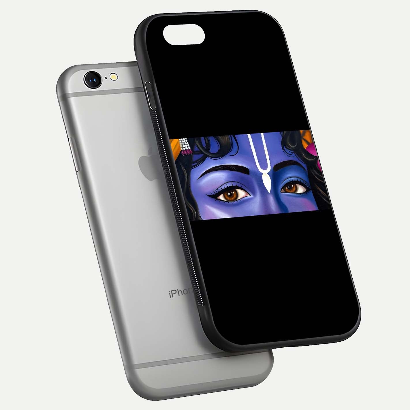 Krishna Eye Glass Case for iPhone 16 Pro floating dual-view mockup showing gloss surface and divine art depth