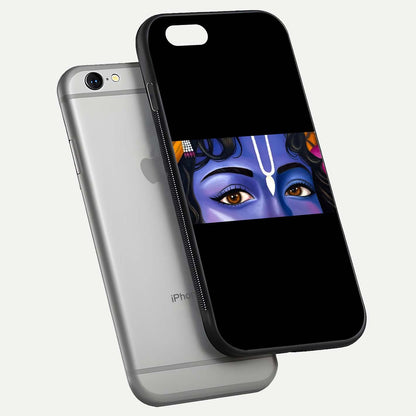 Krishna Eye Glass Case for iPhone 16 Pro floating dual-view mockup showing gloss surface and divine art depth