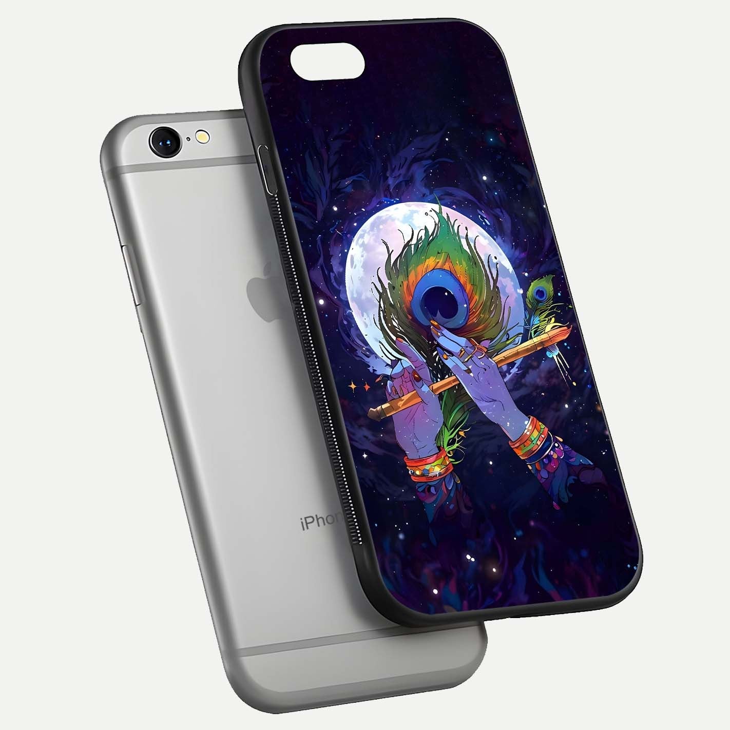 Krishna Hands Art Glass Case for iPhone 16 Pro floating dual-view mockup showing premium gloss reflection
