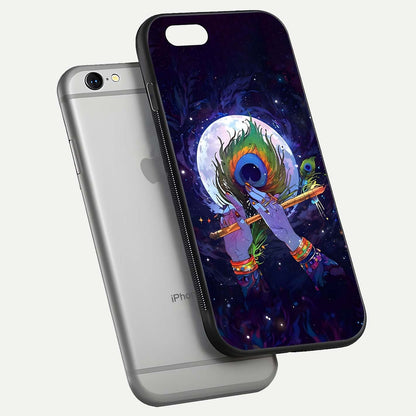Krishna Hands Art Glass Case for iPhone 16 Pro floating dual-view mockup showing premium gloss reflection