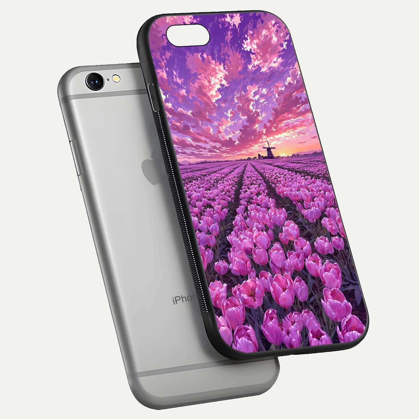 Lavender Dream Skies Glass Case for iPhone 16 Pro floating dual-view mockup showing gloss polish and pastel design
