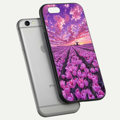 Lavender Dream Skies Glass Case for iPhone 16 Pro floating dual-view mockup showing gloss polish and pastel design
