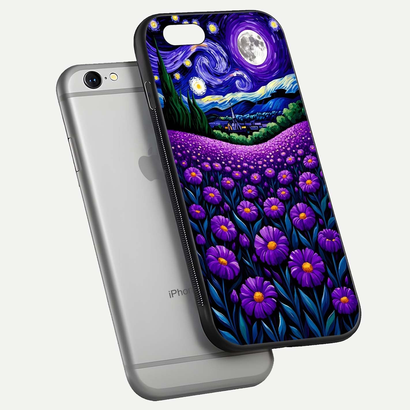 Lavender Moon Field Glass Case for iPhone 16 Pro floating dual-view mockup showing gloss surface and floral glow