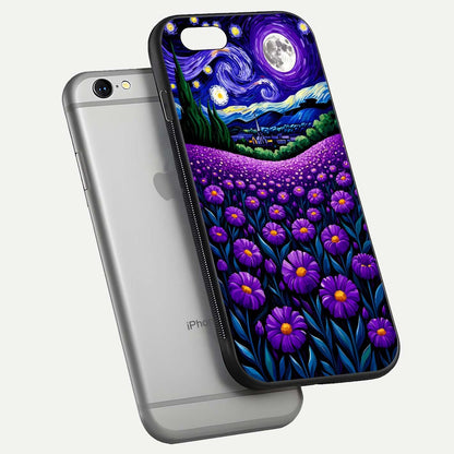 Lavender Moon Field Glass Case for iPhone 16 Pro floating dual-view mockup showing gloss surface and floral glow