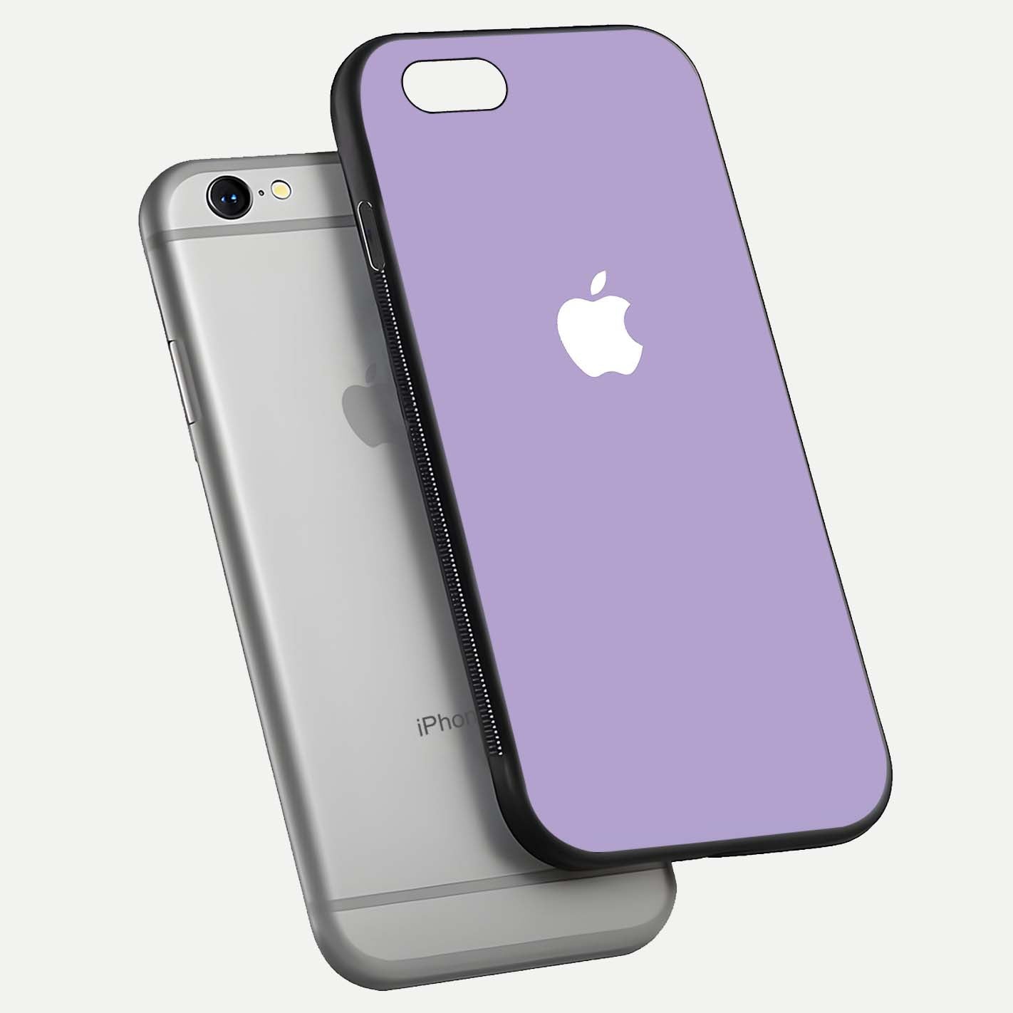 Lavender Soft Minimal Glass Case for iPhone 16 Pro floating dual-view mockup showing gloss reflection and pastel tone