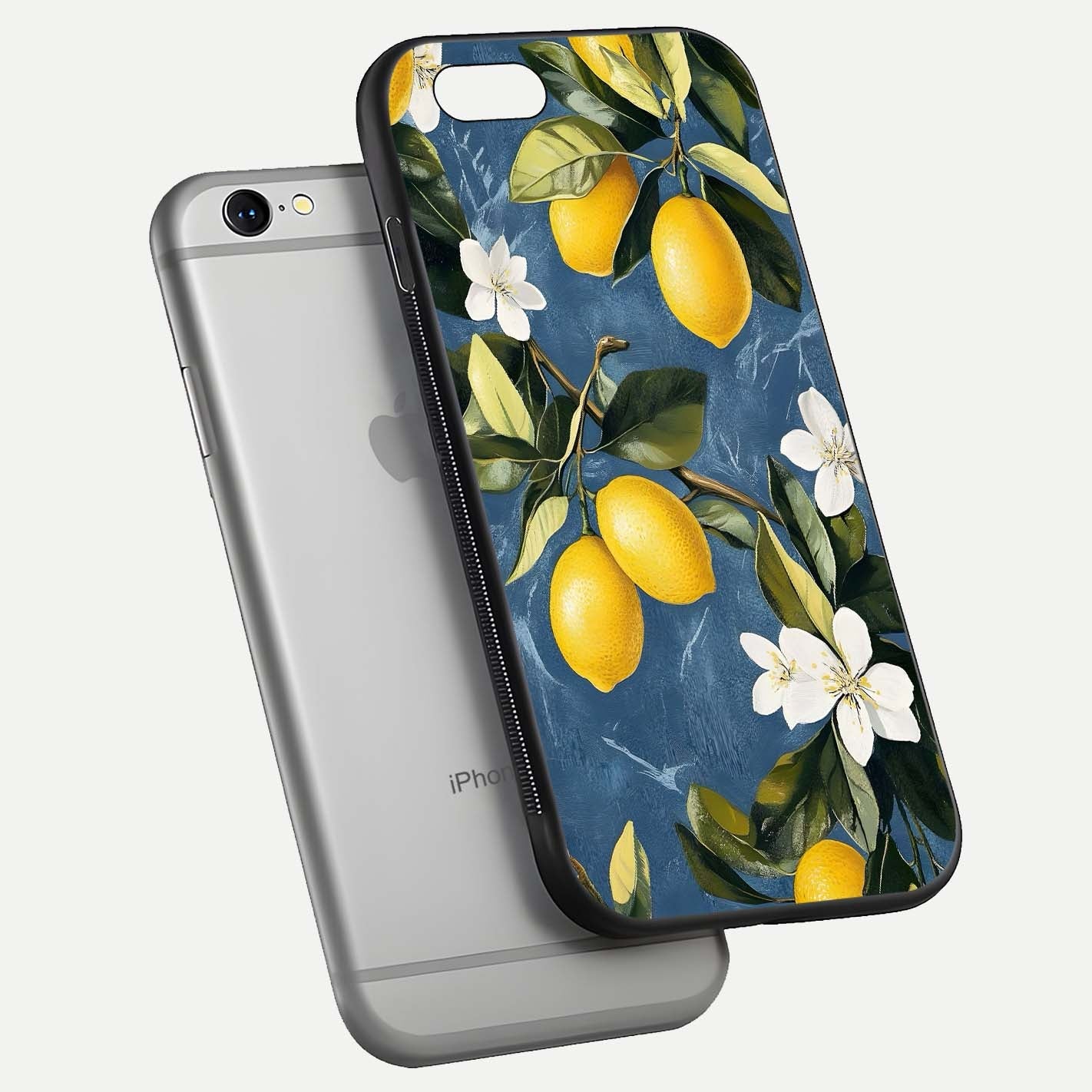 Lemon Dream Garden Glass Case for iPhone 16 Pro floating dual-view mockup showing gloss brightness and vivid yellow print