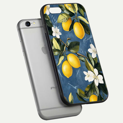 Lemon Dream Garden Glass Case for iPhone 16 Pro floating dual-view mockup showing gloss brightness and vivid yellow print