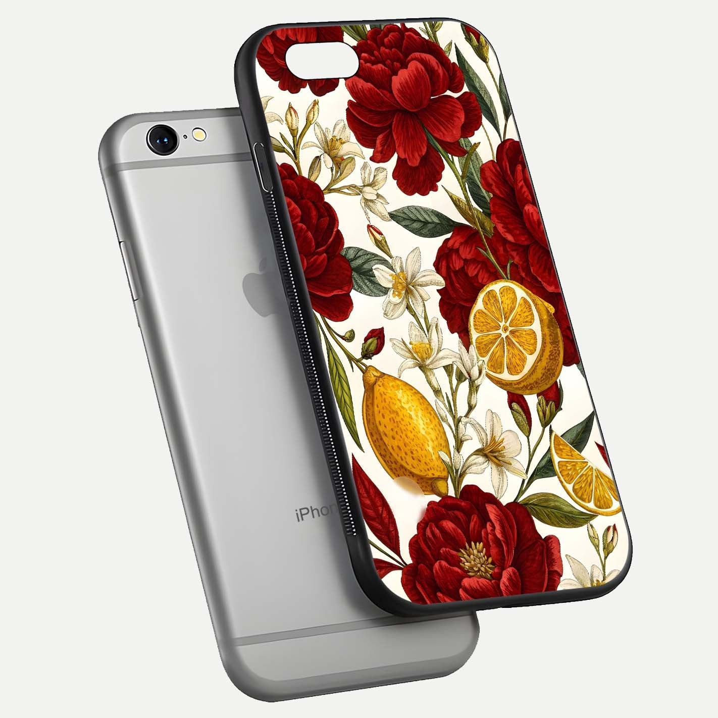 Lemon Rose Charm Glass Case for iPhone 16 Pro floating dual-view mockup showing gloss polish and floral gradient