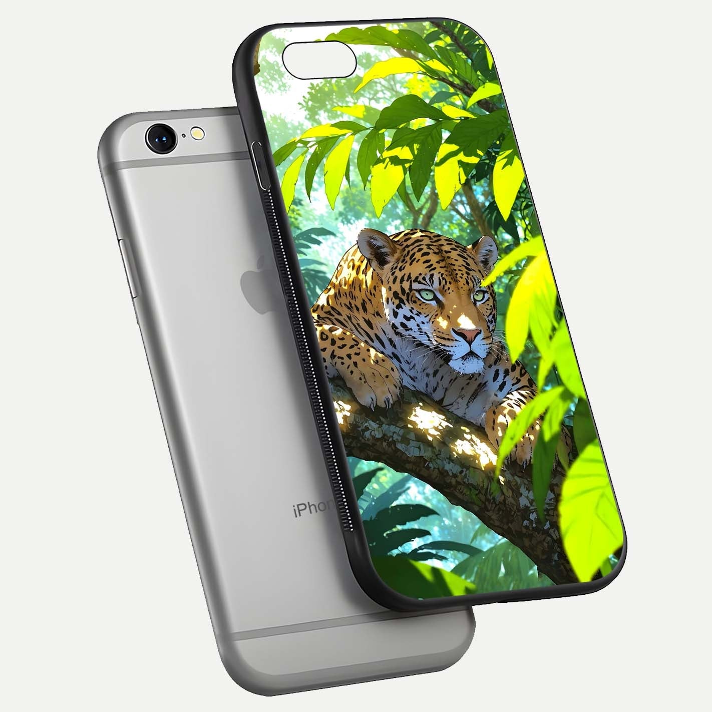 Leopard in Jungle Glass Case for iPhone 16 Pro floating dual-view mockup showing gloss finish and HD wild pattern