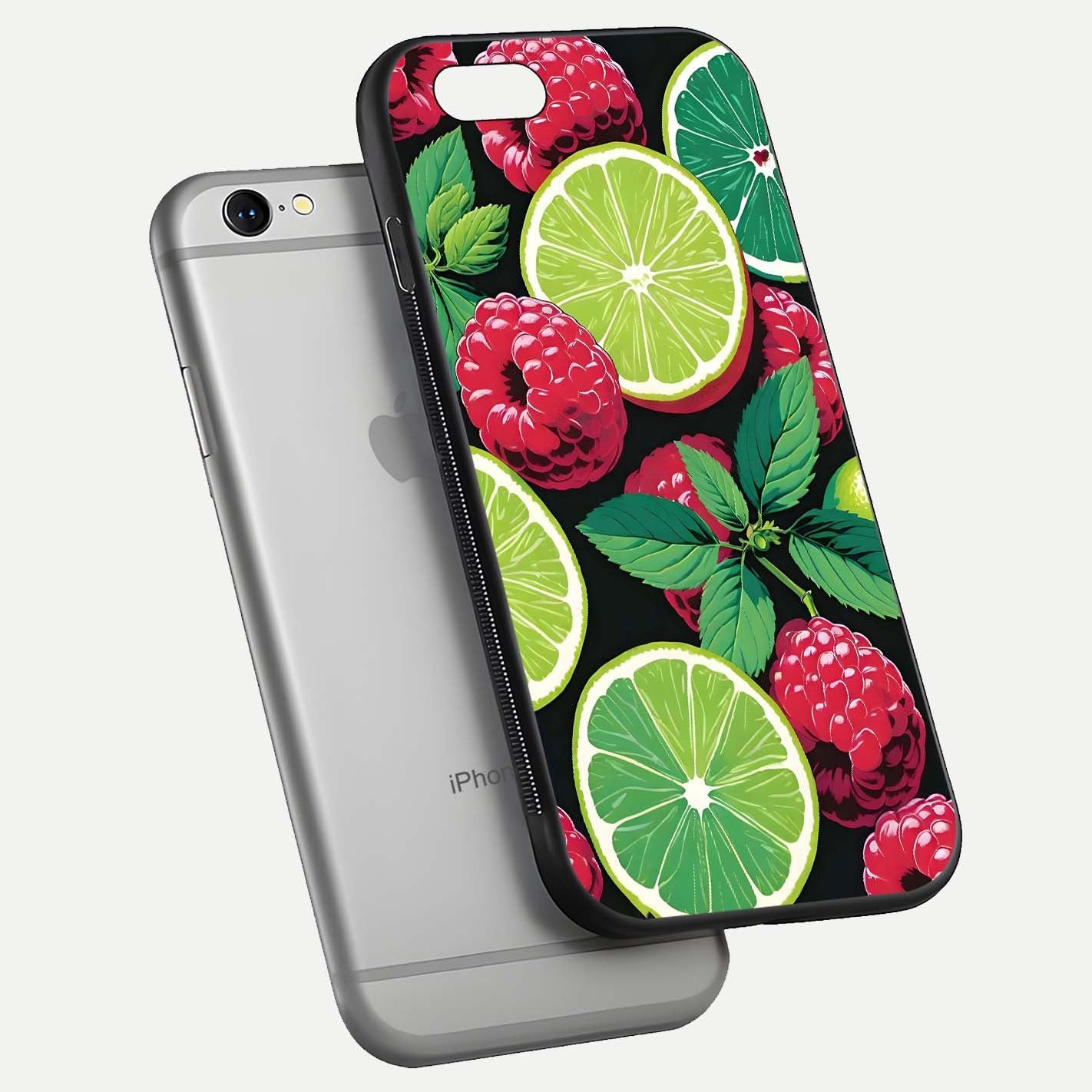Lime and Raspberry Pattern Glass Case for iPhone 16 Pro floating dual-view showing HD gloss and vivid print