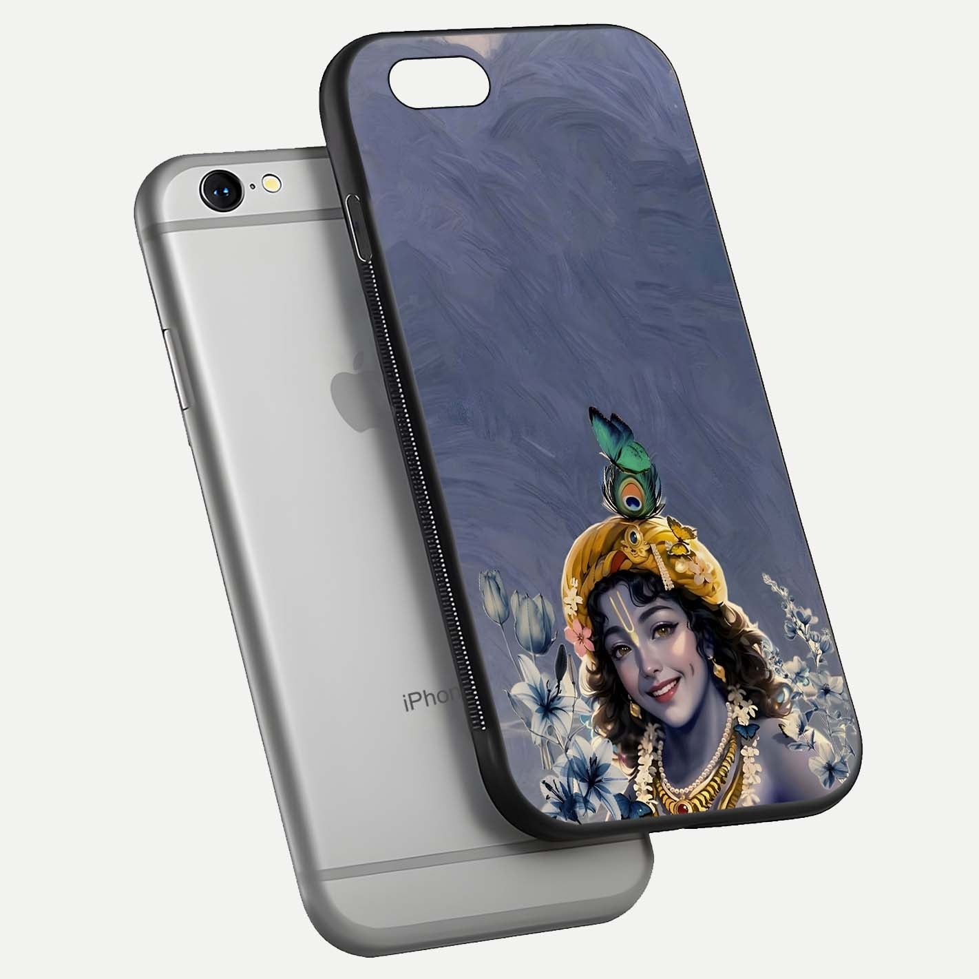Lord Krishna Glass Case for iPhone 16 Pro floating dual-view showing glossy shine and divine artistic pattern