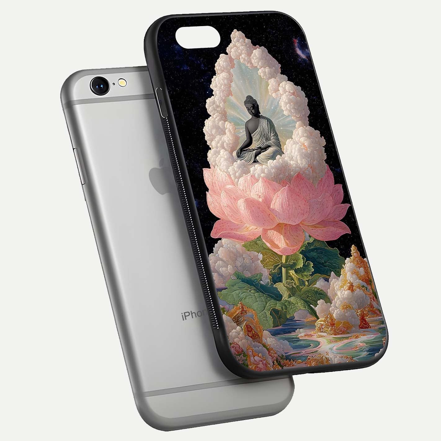 Lotus Divine Peace Glass Case for iPhone 16 Pro floating dual-view mockup with glass glow and spiritual calm art