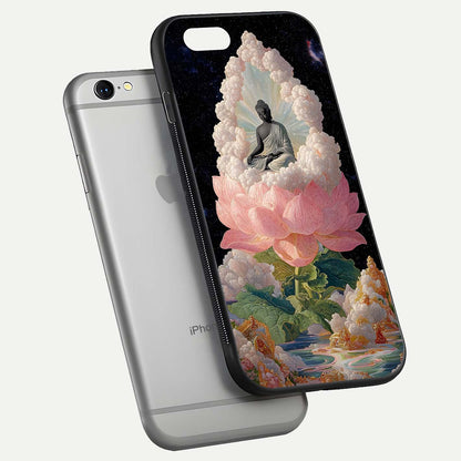 Lotus Divine Peace Glass Case for iPhone 16 Pro floating dual-view mockup with glass glow and spiritual calm art