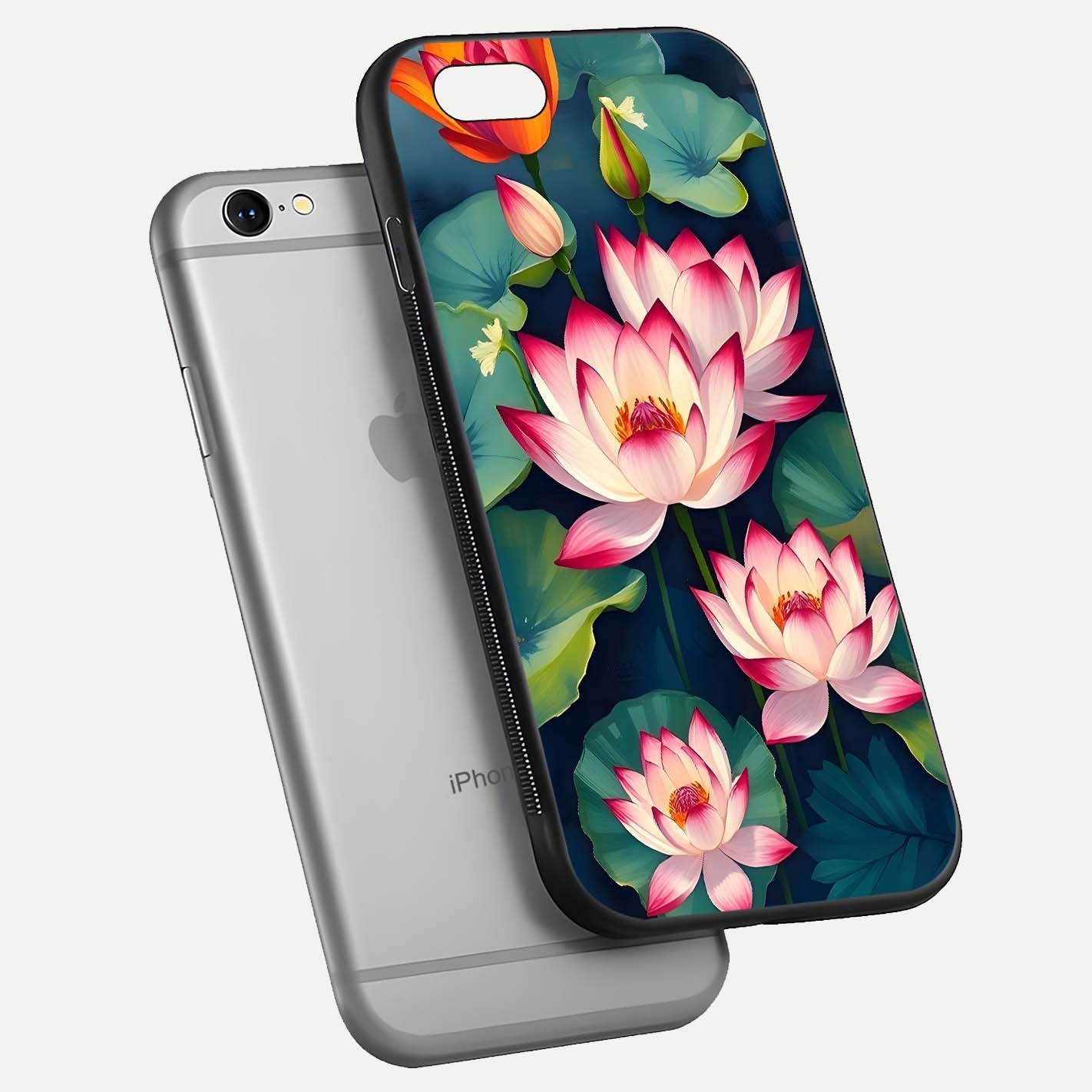 Lotus Dream Serenity Glass Case for iPhone 16 Pro floating dual-view mockup highlighting HD gloss glow
