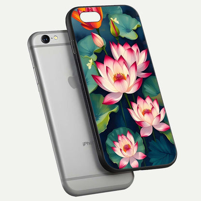 Lotus Dream Serenity Glass Case for iPhone 16 Pro floating dual-view mockup highlighting HD gloss glow