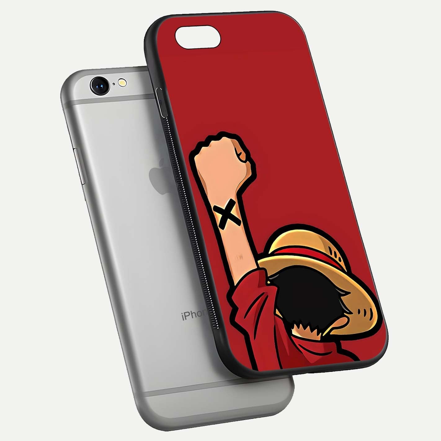Luffy X Spirit Glass Case for iPhone 16 Pro floating dual-view mockup showing gloss polish and vibrant color depth