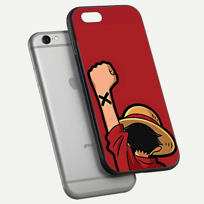 Luffy X Spirit Glass Case for iPhone 16 Pro floating dual-view mockup showing gloss polish and vibrant color depth