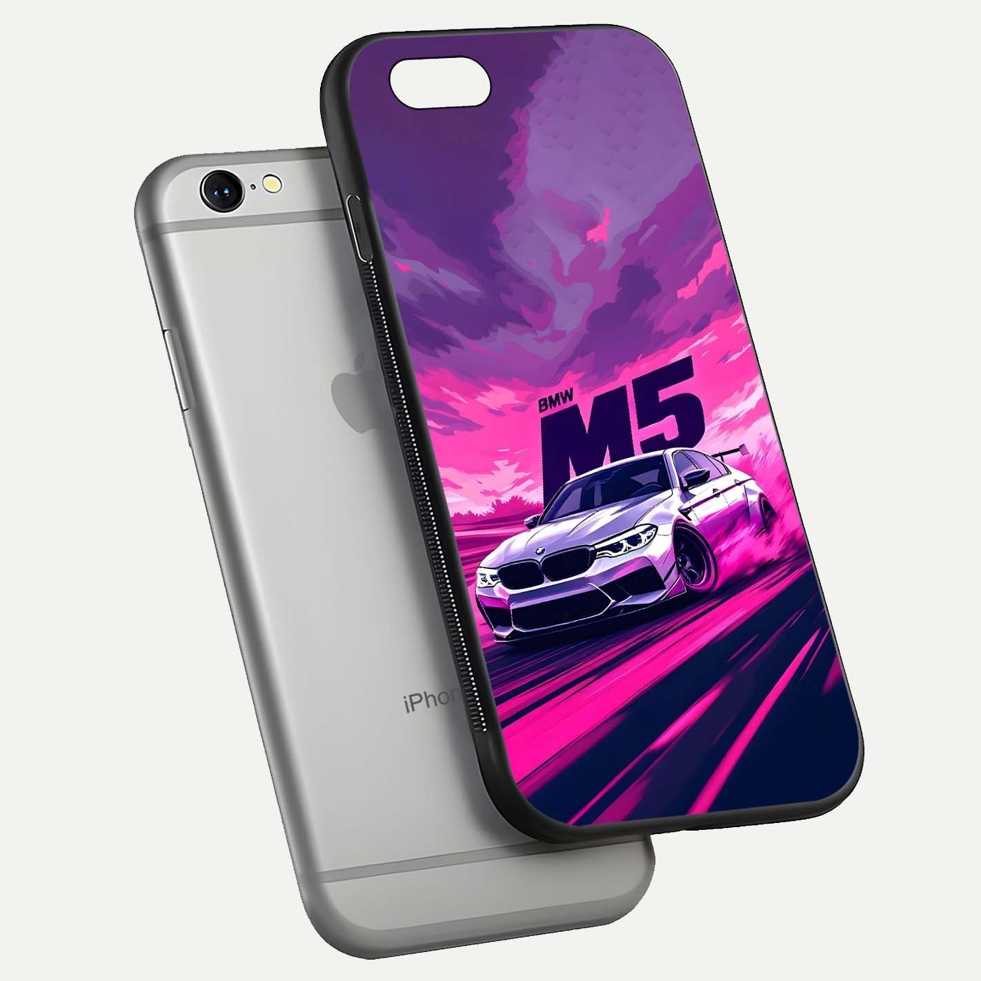 MS Neon Car Glass Case for iPhone 16 Pro floating dual-view mockup showing HD gloss and electric color tones