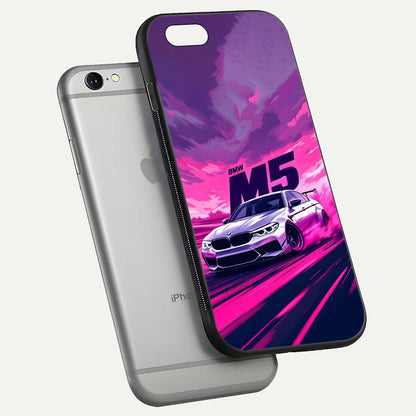 MS Neon Car Glass Case for iPhone 16 Pro floating dual-view mockup showing HD gloss and electric color tones