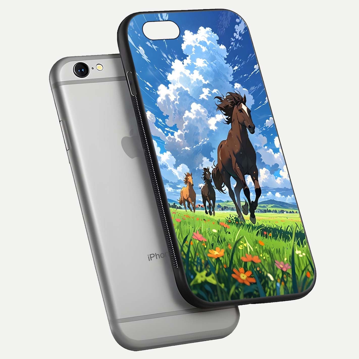 Majestic Horses Galloping Glass Case for iPhone 16 Pro floating dual-view mockup showing gloss texture and vivid tones
