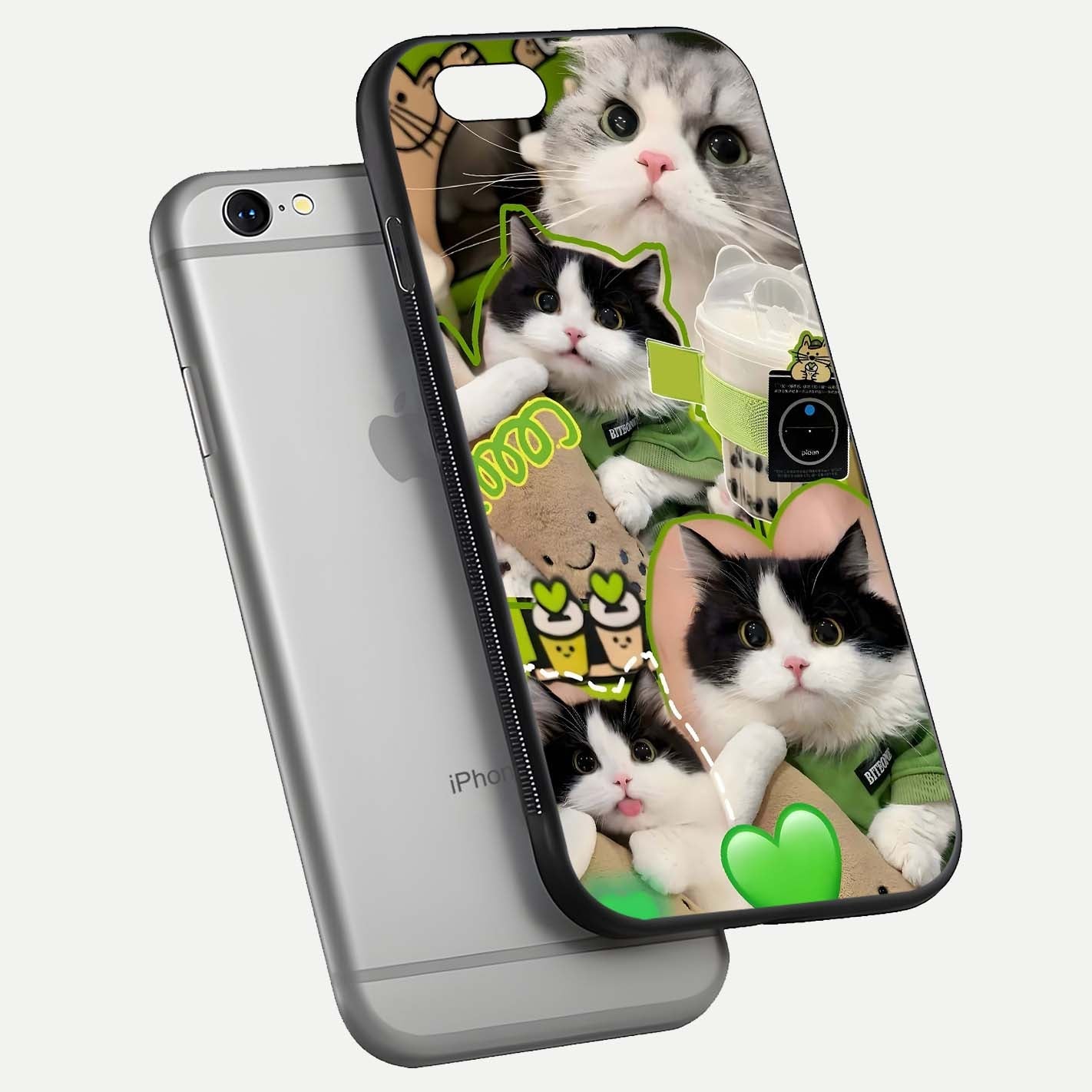 Matcha Cats Mood Glass Case for iPhone 16 Pro floating dual-view mockup showing HD gloss surface and soft tones